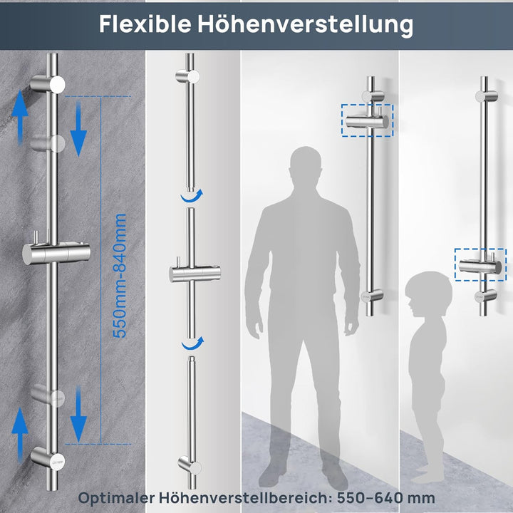 DETBOM Duschstange Edelstahl mit Handbrause 90cm, 3 Strahlarten Duschsystem, 360°Drehbar Duschkopfha