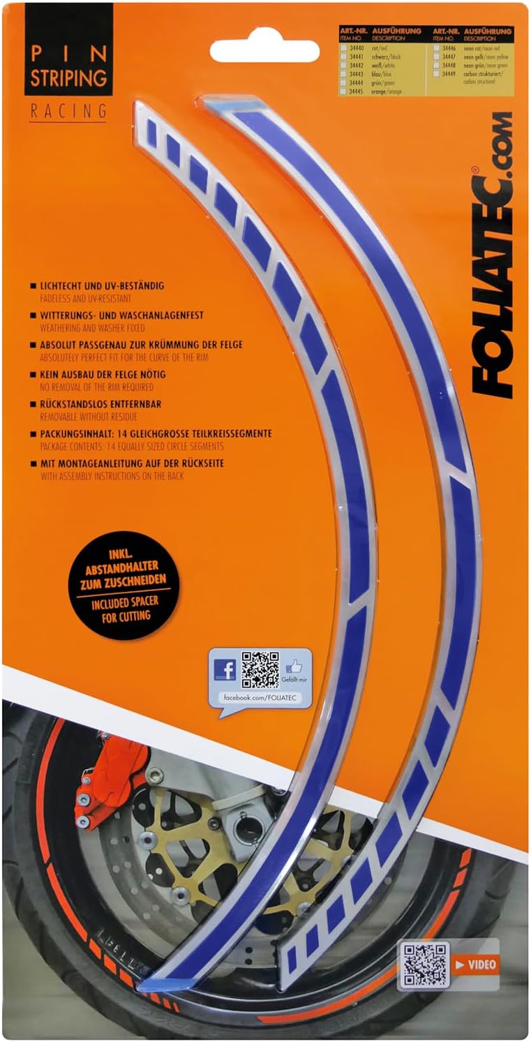 Foliatec PIN Striping Racing Felgenrandaufkleber Motorrad Zierstreifen Felgen Aufkleber, blau Blau 1