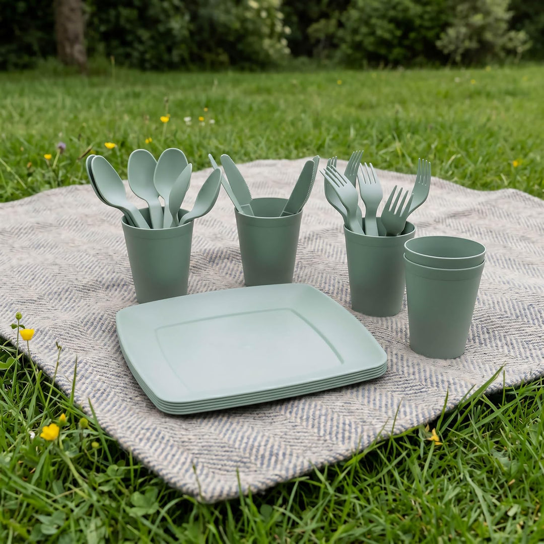 Campinggeschirr im Behälter, 32-teilig, für Picknick und Reisen Grün, Grün