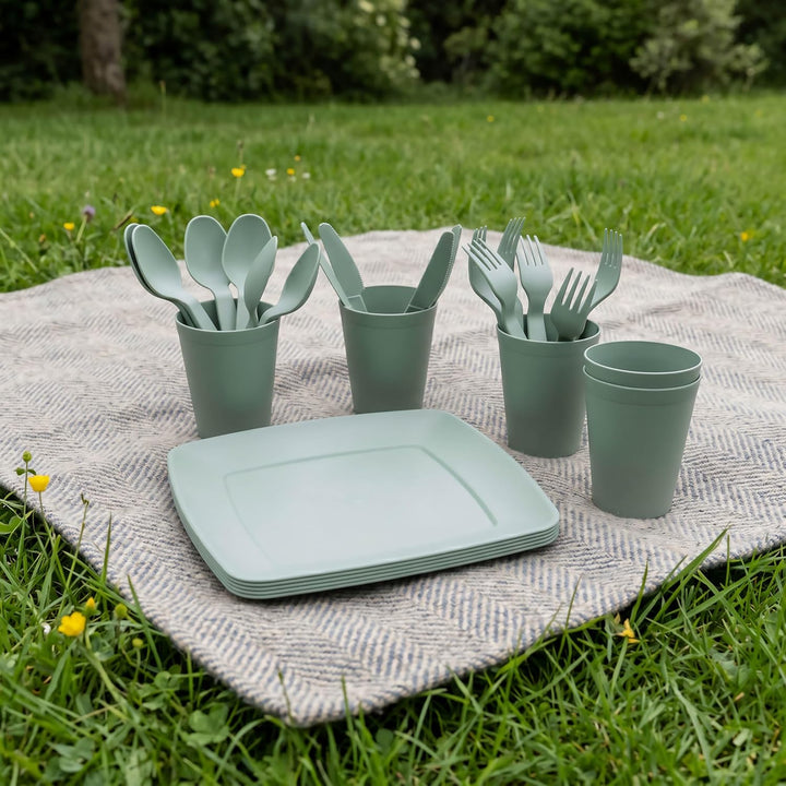 Campinggeschirr im Behälter, 32-teilig, für Picknick und Reisen Grün, Grün