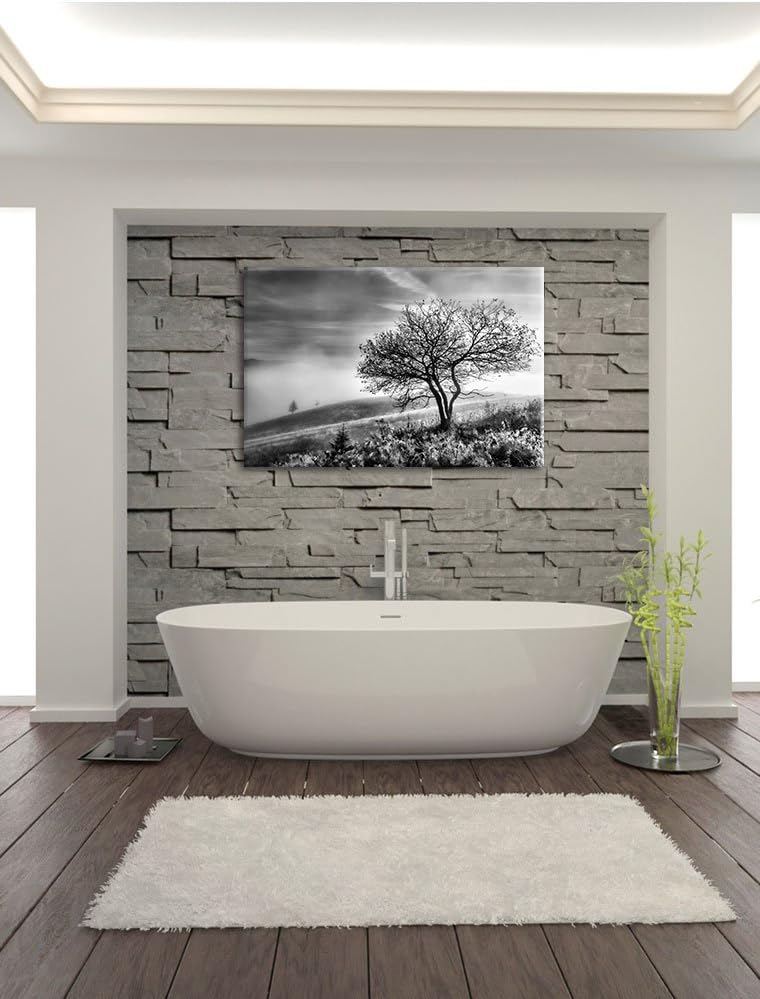 Pixxprint Monocrome, Baum im hohen Gras schwarz weiss, Format: 100x70 auf Leinwand, XXL riesige Bild