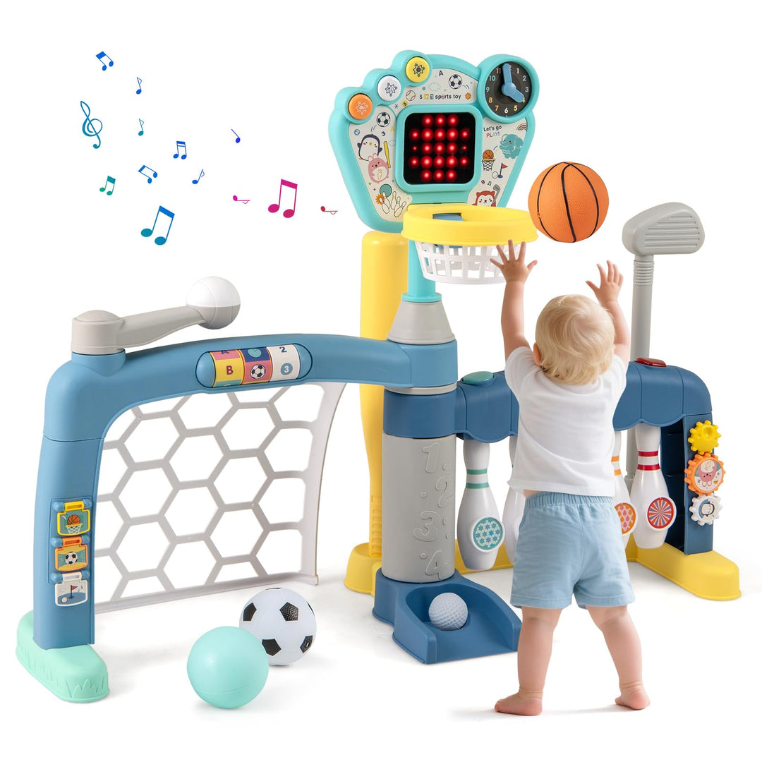 COSTWAY Kinder Basketballkorb, 5-in-1 Basketballständer mit Fussballtor, Golf, Bowling & Baseball, S