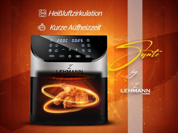 LEHMANN Heissluftfritteuse 6L mit Sichtfenster, 1500 W, Air Fryer mit 12 Programmen, Temperaturkontr