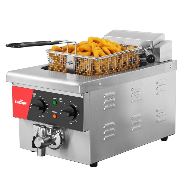 CROSSON 6L elektrische Arbeitsplattenfritteuse Extra gross mit Abfluss, Timer, Korb und Deckel für d