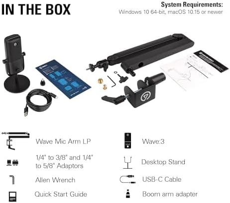 Elgato Wave:3 Mikrofon Mit Mic Arm Low Profile, Voll Einstellbar Mit Kabelkanal, Ideal Für Podcasts,