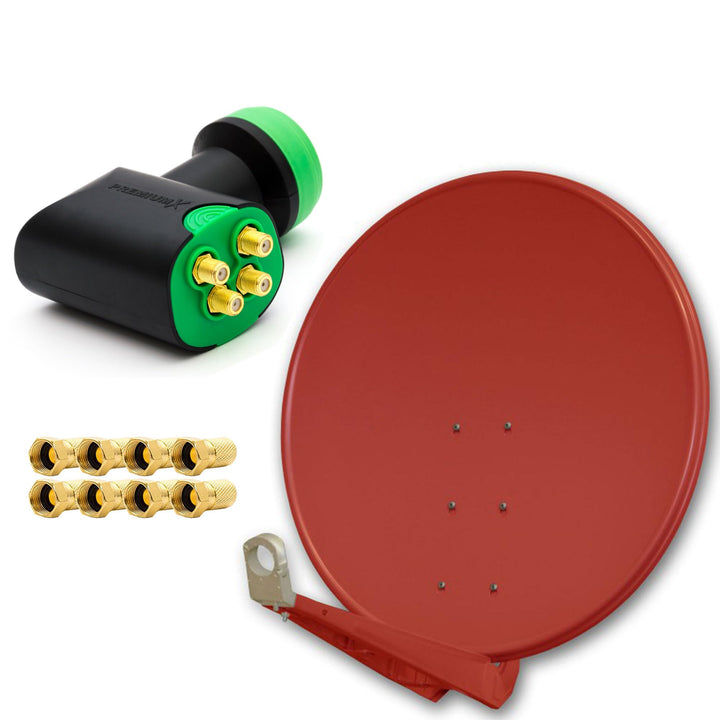 Premium X Deluxe SAT Anlage für 4 Empfänger 100cm Satellitenantenne ALU Ziegelrot mit Green Diamond