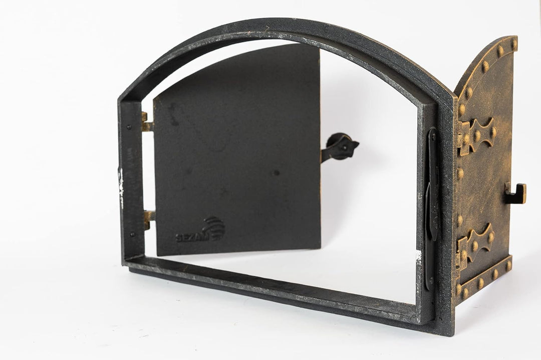 SEZAM doppelte Backofentür aus Gusseisen mit Türriegel, Nietenoptik, Pizzaofentür - Brotofen - Stein