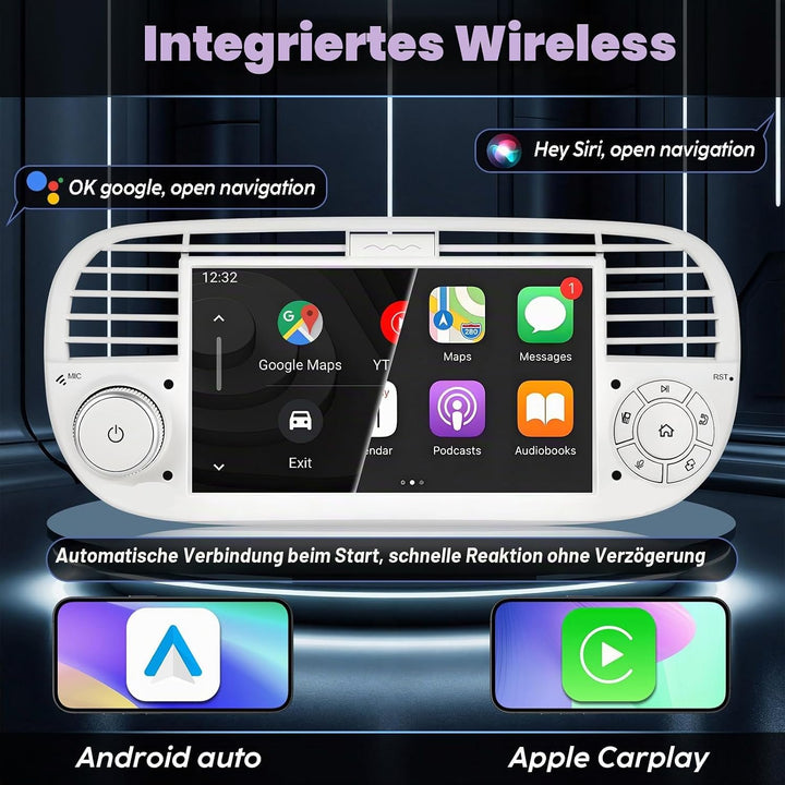 Autoradio mit Bildschirm für FIAT 500 (2007-2015) | Integriertes drahtloses CarPlay &amp; Android Auto |