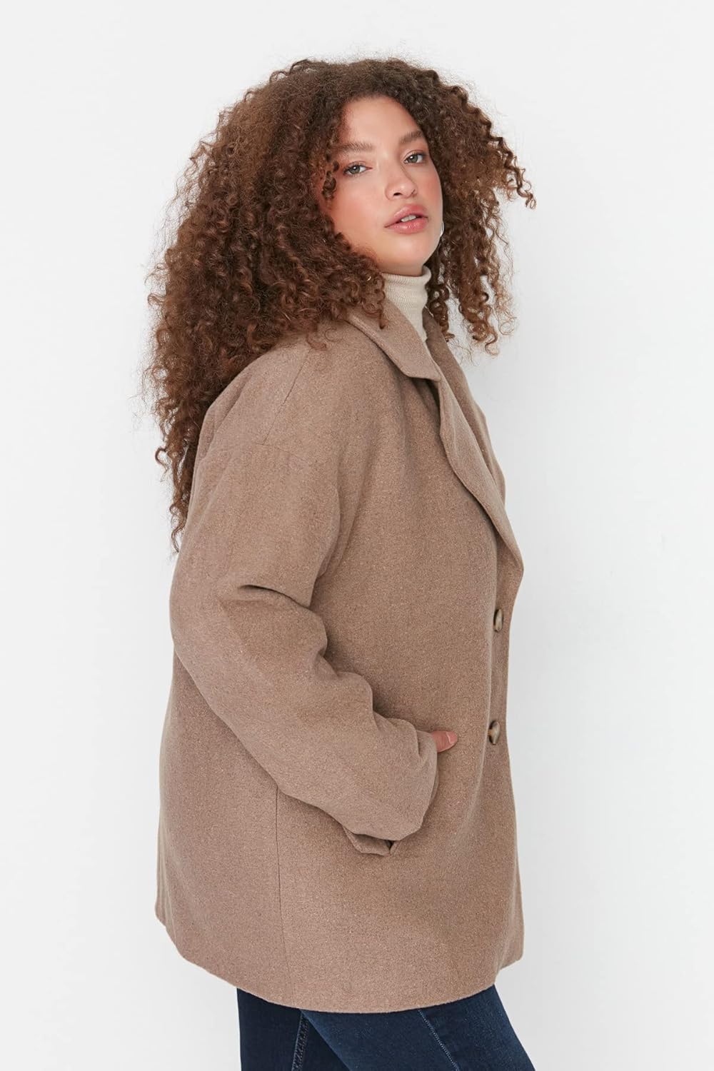 TRENDYOL Damen Oversize Shift Plain Webstoff Grössen in Mantel Coat 42 Grosse Grössen Mink Color, 42