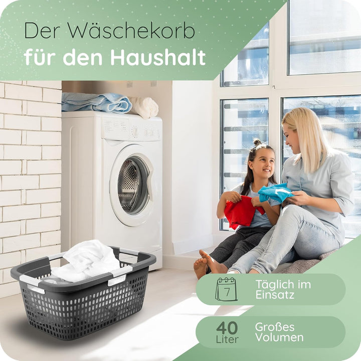 Novaliv Wäschekorb mit 4 Griffen 40L Anthrazit, Wäschebox Set Wäscheeimer Wäschebehälter für Bad Wäs