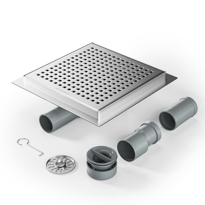 Bernkot Duschrinne Quadrat 20 * 20cm, 360° Siphon mit Geruchsstop und Haarsieb Edelstahl Ablaufrinne