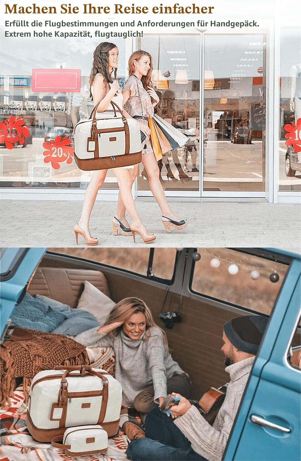 Wogarl Weekender Taschen für Damen, grosse Segeltuch-Übernachtungstasche, Reisetasche, Handgepäck, S