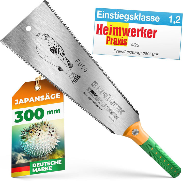 GRÜNTEK FUGU: Japan-Säge für Holz-Bearbeitung – Doppelseitige Hand-Säge für Kantholz, Sperrholz – Ro