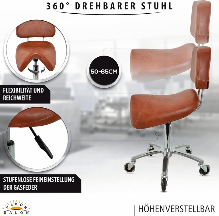 Breiter Sattelhocker mit Lehne Hellbraun Sattelstuhl für Rückenentlastung, Rollhocker höhenverstellb