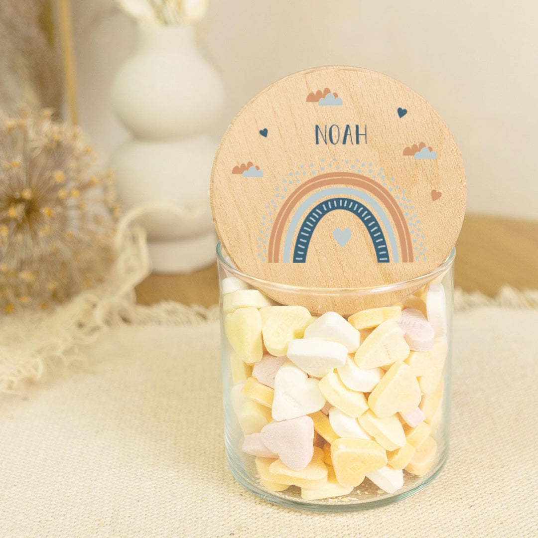 GRAVURZEILE Vorratsglas mit bedrucktem Holzdeckel - Regenbogen Rot - Personalisiert mit Name & Datum