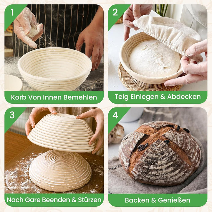 GEEKHOM Gärkörbchen Rund 23cm aus Natürlichem Rattan - Gärkorb Brot mit Waschbarem Bäckerleinen für