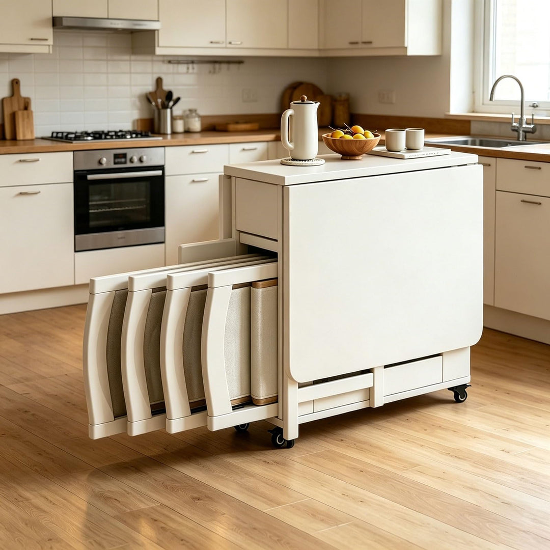 HiFi Rack Audio Regal Klapptisch esstisch, Vielseitiger Klapptisch Küche, mit Rollen und 4 Stühlen,