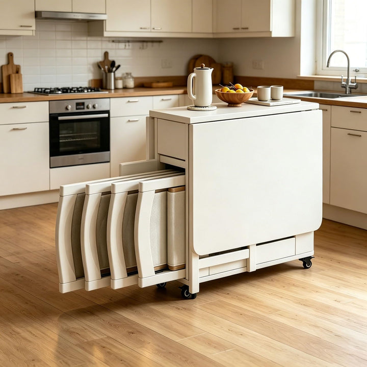 HiFi Rack Audio Regal Klapptisch esstisch, Vielseitiger Klapptisch Küche, mit Rollen und 4 Stühlen,