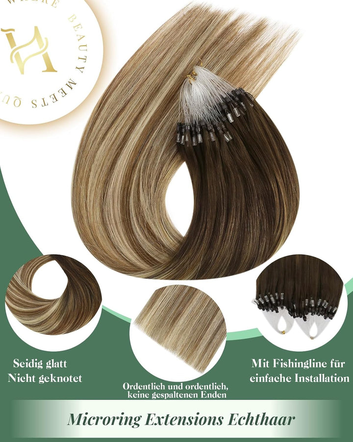 Ugeat 45cm Microring Haarverlängerung Echthaar Balayage Dunkelbraun zu Mittelbraun und Bleichblond 4
