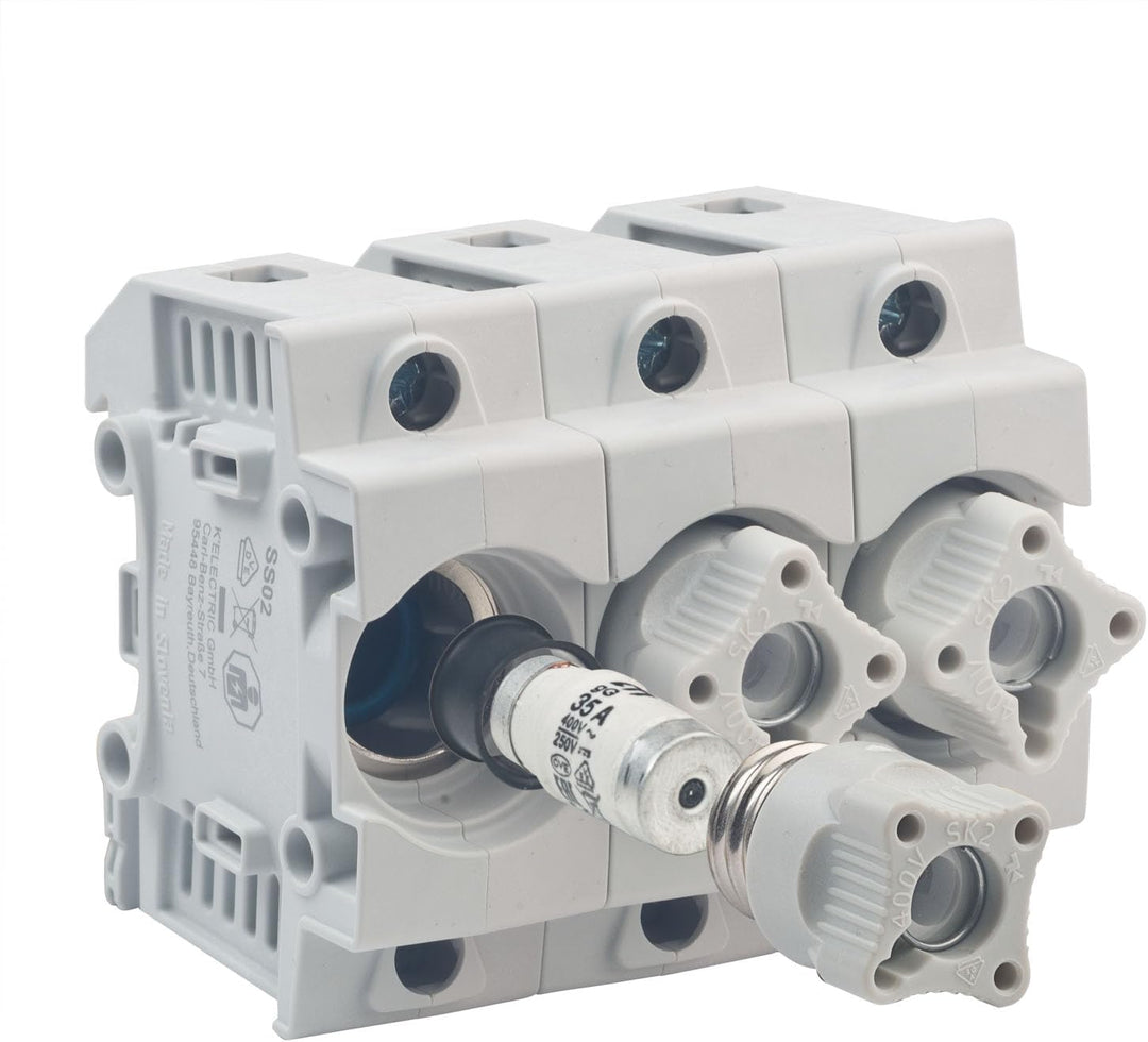 grenda-hammer® | Neozed Sicherungssockel mit Schraubkappen und 3x Schmelzsicherungen (D02-3x35 Ampèr