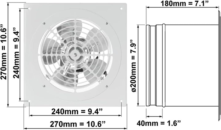 EUROPLAST Ø 200mm Wand befestigter Abluftventilator Rohrlüfter Wand Niederdruck Ventilator Wandflans