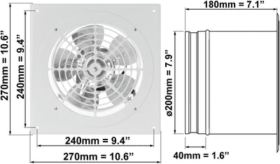 EUROPLAST Ø 200mm Wand befestigter Abluftventilator Rohrlüfter Wand Niederdruck Ventilator Wandflans