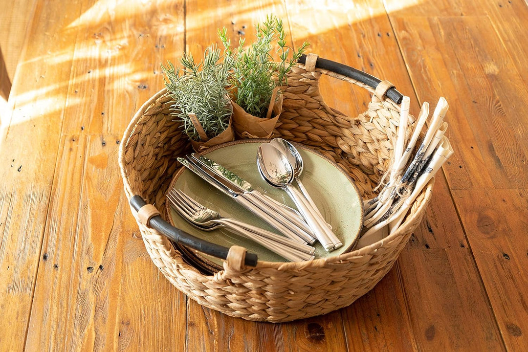 Decorasian 2er Set Korb Aufbewahrung rund geflochten aus Seegras mit Holzgriffen - Wasserhyazinthe 4