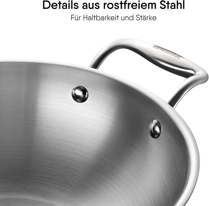 Stahl Edelstahl Triply Wok mit Deckel | Edelstahl-Kochgeschirr Triply Wok | Gas- & Induktionsboden |