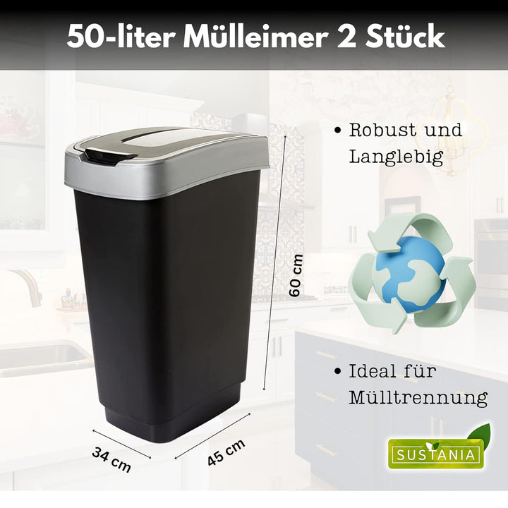 SUSTANIA Duo Mülleimer Küche 2 Fächer 50L - Geruchsdicht Doppel Abfalleimer mit Schwingdeckel, 2er S