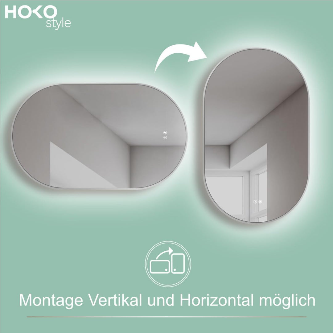 HOKO Design Antibeschlag Badspiegel LED beleuchtet,oval 50x90 cm / 90x50 cm Vittoria mit Metall Rahm