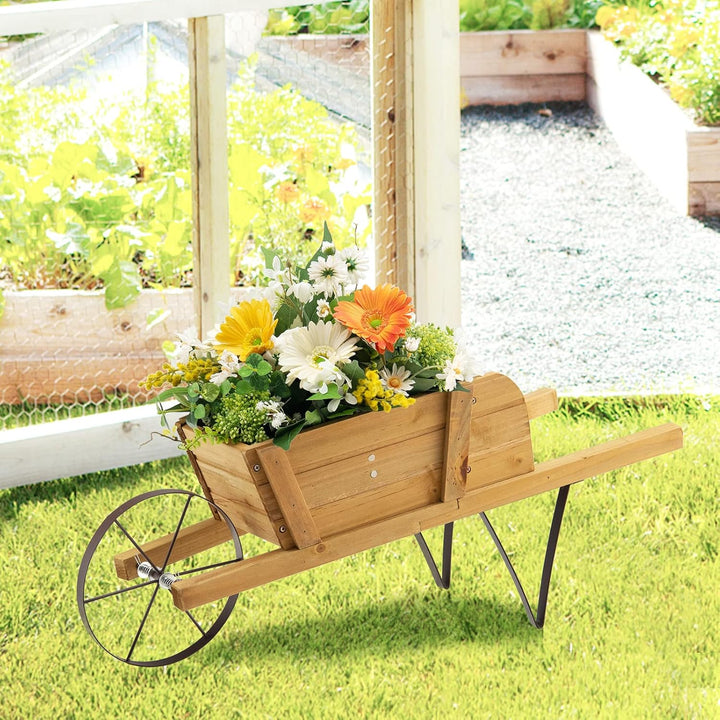 HOMASIS Blumenwagen Pflanzwagen mit 2 Griffen & Metallrad, Blumenkarre Holz, Blumentopf mit 9 magnet