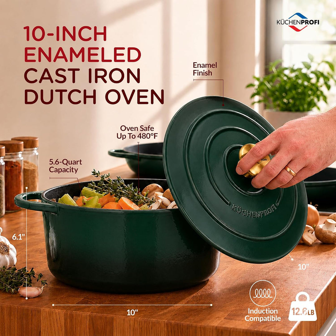 Küchenprofi Gusseisen Bräter mit Deckel, grün/innen schwarz , 26 cm, Schmortopf, Auflaufform, Dutch