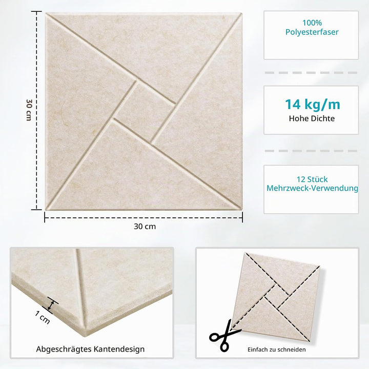JAMELO Quadratische Akustikplatten Akustikpaneele selbstklebend 12 Stücke, Schallschutzplatten aus H