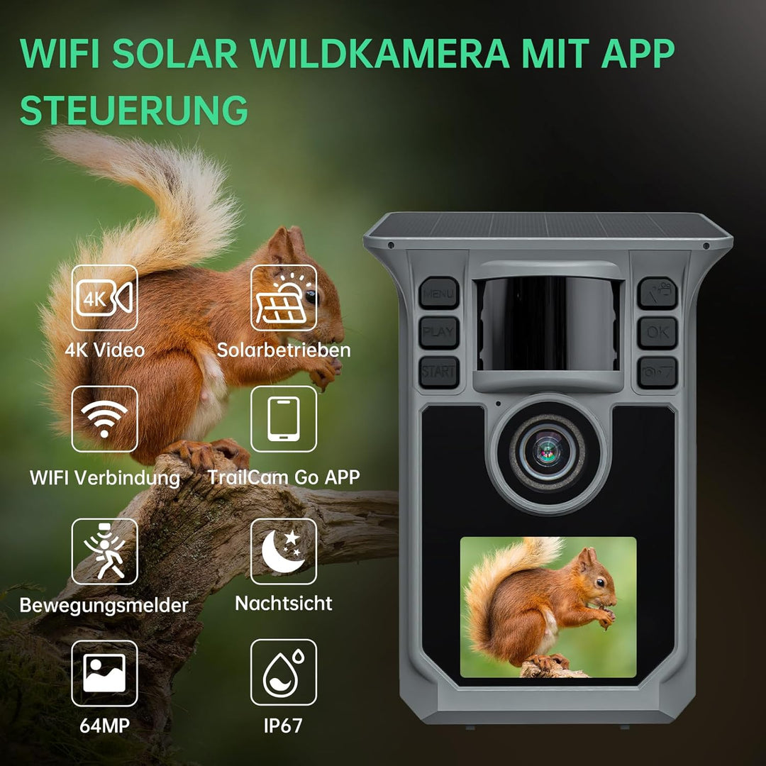Wildkamera mit Handyübertragung APP, 4K 64MP Solar WLAN Bluetooth Eingebaute 5000mAh, 64GB Speicherk
