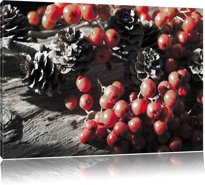 Pixxprint Vogelbeeren und Tannenzapfen als Leinwandbild/Grösse: 100x70 cm/Wandbild/Kunstdruck/fertig