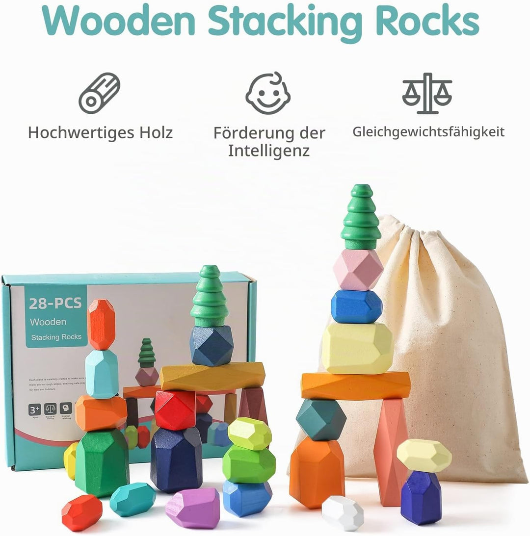 Montessori Holzspielzeug 28 PC Balanciersteine für Kinder,Stapelsteine Bausteine Balance Steine, Hol