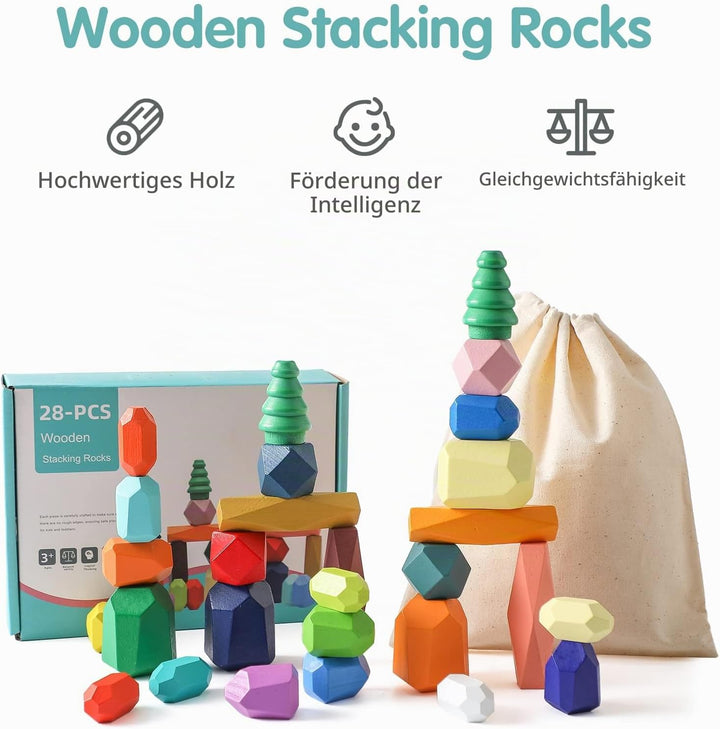 Montessori Holzspielzeug 28 PC Balanciersteine für Kinder,Stapelsteine Bausteine Balance Steine, Hol