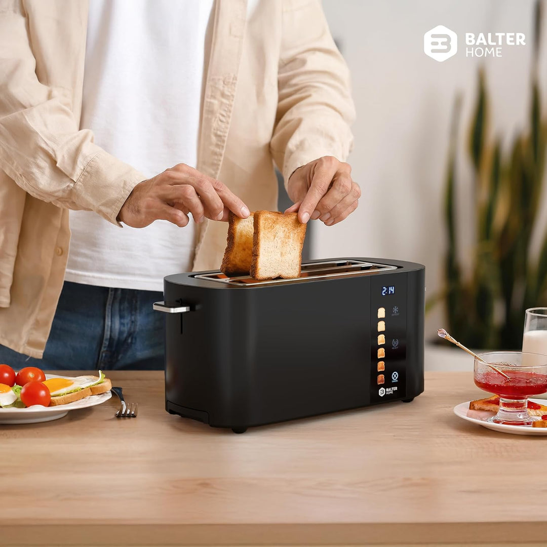 Balter Toaster 4 Scheiben, Touch Bedienung, Langschlitz, Edelstahl, Brötchenaufsatz, LCD Display Lan