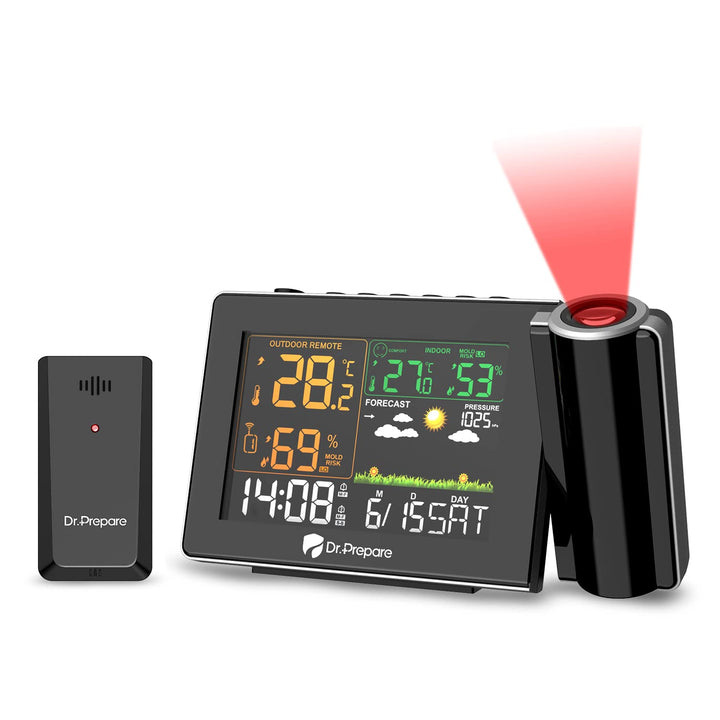 DR.PREPARE Wetterstation mit Aussensensor DCF Projektionswecker Einstellbare Projektionsfokus Wecker