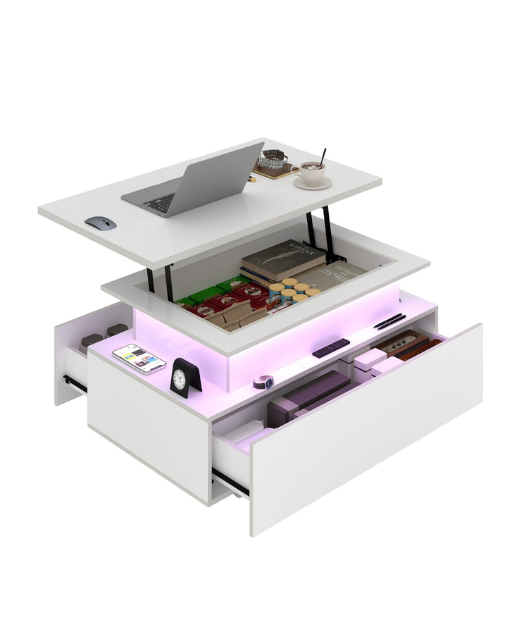 Couchtisch Höhenverstellbar Weiss Hochglanz, Couchtisch Aufklappbar mit Stauraum Modern, Wohnzimmert