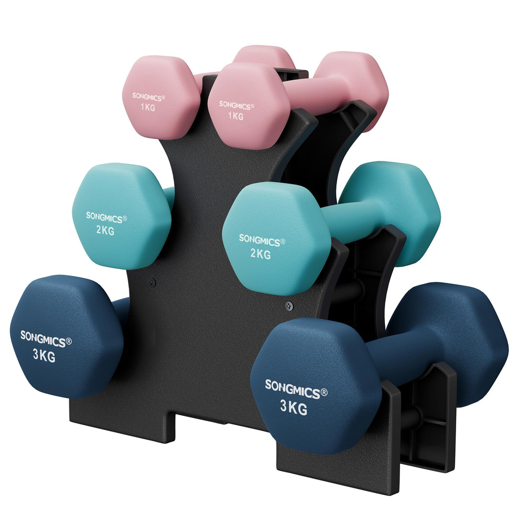 SONGMICS Hantel-Set, 3 Paar, 2 x 1 kg, 2 x 2 kg, 2 x 3 kg, Aufbewahrung, Fitnessstudio, Krafttrainin