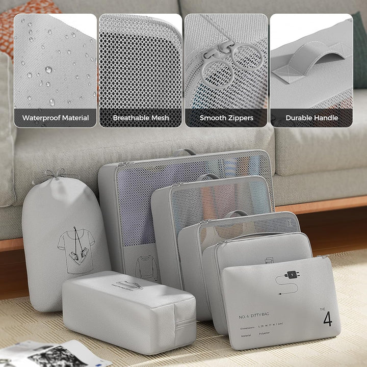 Koffer Organizer Set, 7-teilig, Packwürfel, Reise Kleidertaschen, Grau, Polyester, Reissverschluss,