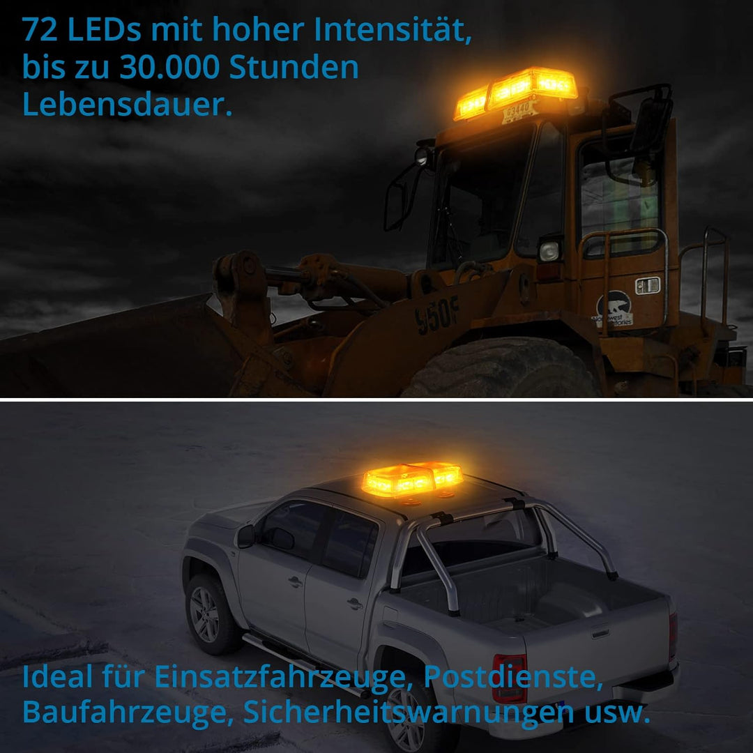 72 LED Rundumleuchte, 12/24V Amber Warnleuchte Warnblinkleuchte 7 Modi Warnlicht, E Zulassung, Blink