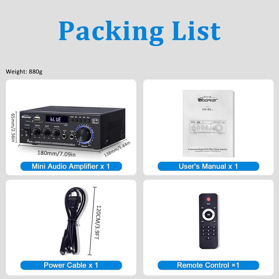 AK45 Pro Verstärker HiFi Stereo 500 Watt, 2 Kanal Mini Audio Receiver mit w/UKW-Radio, USB/SD/AUX/RC
