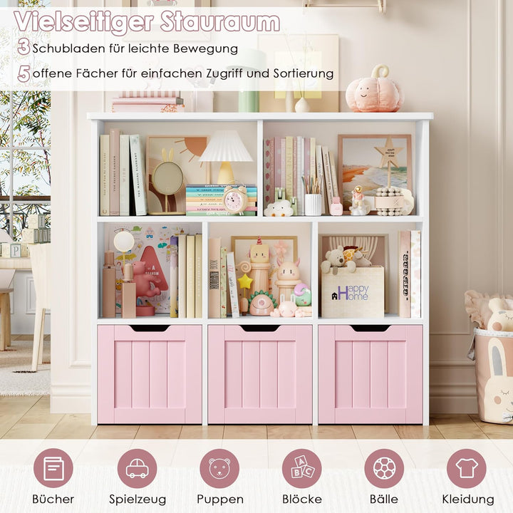 FOREHILL Kinderregal mit Boxen auf Rollen, Kinderzimmer Möbel, Spielzeugregl, Aufbewahrungregal,Büch