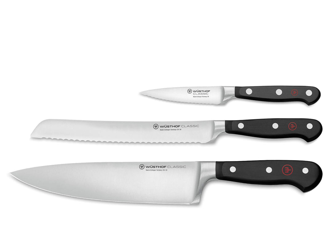 WÜSTHOF Classic Messersatz mit 3 Messern, Schwarz,silber Koch-, Brot- und Gemüsemesser, Koch-, Brot-