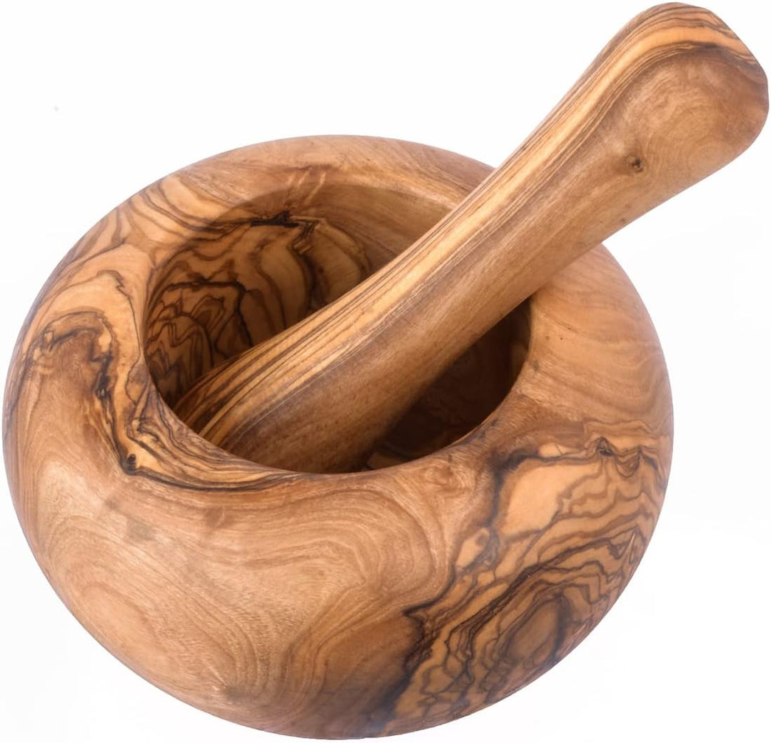 Mörser mit Stössel aus Olivenholz, Kräutermörser, handgefertigt mit Naturrand, Küchenmörser Holzmörs