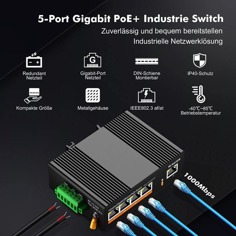 MokerLink 5 Port PoE Gigabit Industrial DIN-Rail Ethernet Switch Hutschiene, 60W PoE+ Leistung, 14Gb