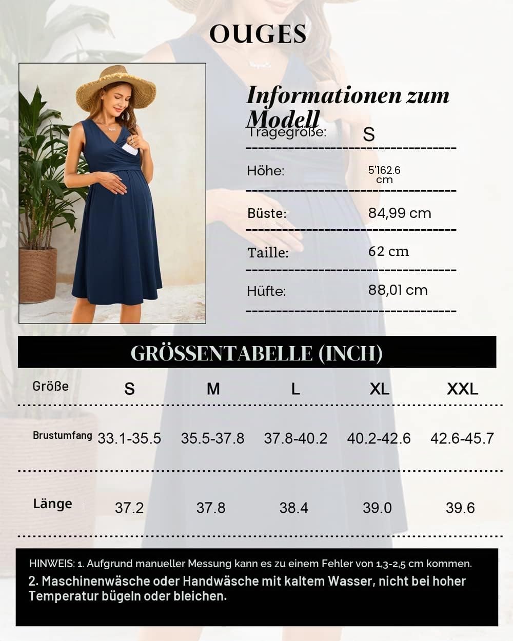 OUGES Damen Sommer Umstandskleid Stillkleid Baumwolle Schwangere Lässiges Frühling Kleider mit Tasch