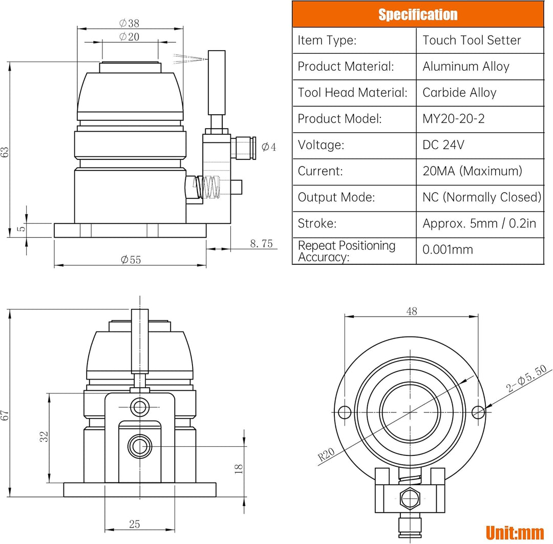 RATTMMOTOR CNC Werkzeuglängensensor, Z Achse Touch Werkzeugsensor Einstellungssonde High Precision F